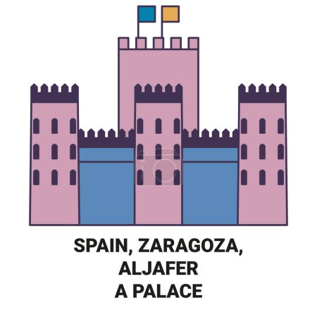 Téléchargez les illustrations : Espagne, Saragosse, Palais d'Aljafera illustration vectorielle de ligne de voyage historique - en licence libre de droit