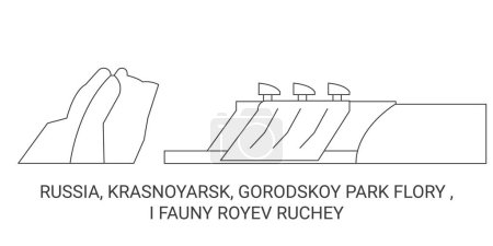 Ilustración de Rusia, Krasnoyarsk, Gorodskoy Park Flory, I Fauny Royev Ruchey recorrido hito línea vector ilustración - Imagen libre de derechos