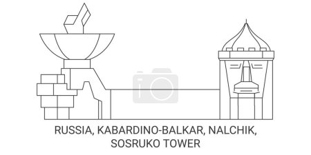 Illustration for Russia, Kabardinobalkar, Nalchik, Sosruko Tower travel landmark line vector illustration - Royalty Free Image