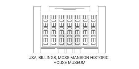 Téléchargez les illustrations : Usa, Billings, Moss Mansion historique, Maison Musée Voyage ligne vectorielle illustration - en licence libre de droit