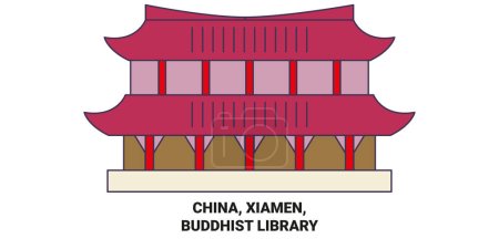 Téléchargez les illustrations : Chine, Xiamen, Bibliothèque bouddhiste illustration vectorielle de ligne de voyage - en licence libre de droit