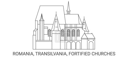Téléchargez les illustrations : Roumanie, Transilvanie, Églises fortifiées en Transylvanie illustration vectorielle de ligne de voyage historique - en licence libre de droit