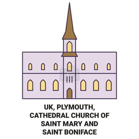 Téléchargez les illustrations : Angleterre, Plymouth, Cathédrale Église de Sainte-Marie-et-Saint-Boniface illustration vectorielle de ligne de voyage - en licence libre de droit