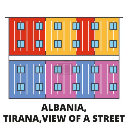 Téléchargez les illustrations : Albanie, Pristina point de repère, panneau de voyage, vecteur de tourisme design, symbole de vacances à plat - en licence libre de droit