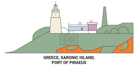 Ilustración de Grecia, Isla Sarónica, Puerto del Pireo recorrido hito línea vector ilustración - Imagen libre de derechos