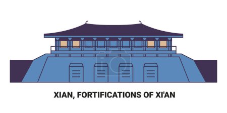 Illustration for China, Xian, Fortifications Of Xian, travel landmark line vector illustration - Royalty Free Image