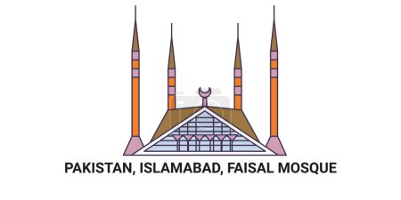 Téléchargez les illustrations : Pakistan, Islamabad, Mosquée Faisal, illustration vectorielle de ligne de repère de voyage - en licence libre de droit