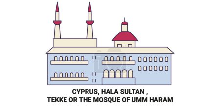 Téléchargez les illustrations : Chypre, Hala Sultan, Tekke ou la mosquée d'Umm Haram voyage illustration vectorielle ligne historique - en licence libre de droit