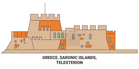 Ilustración de Grecia, Islas Sarónicas, Telesterion viaje hito línea vector ilustración - Imagen libre de derechos