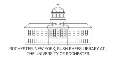 Téléchargez les illustrations : États-Unis, Rochester, New York, Rush Rhees Library At, illustration vectorielle de ligne de repère de voyage de l'Université de Rochester - en licence libre de droit