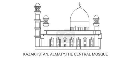 Téléchargez les illustrations : Kazakhstan, Almaty, La mosquée centrale, illustration vectorielle de ligne de repère de voyage - en licence libre de droit