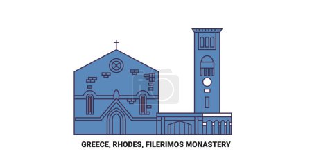 Ilustración de Grecia, Rodas, Monasterio Filerimos recorrido hito línea vector ilustración - Imagen libre de derechos