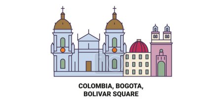 Téléchargez les illustrations : Colombie, Bogota, Bolivar Illustration vectorielle de ligne de voyage emblématique de la place - en licence libre de droit