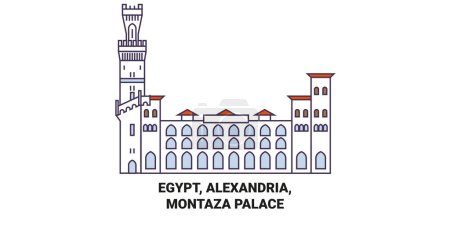 Téléchargez les illustrations : Égypte, Alexandrie, Montaza Palace illustration vectorielle de ligne de voyage - en licence libre de droit