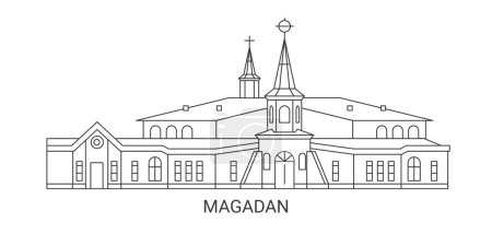 Téléchargez les illustrations : Russie, Magadan voyage point de repère illustration vectorielle ligne - en licence libre de droit