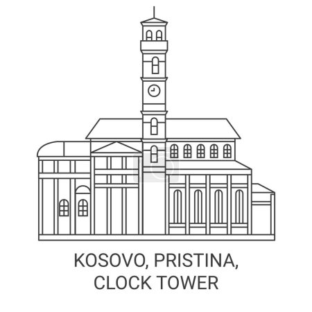 Téléchargez les illustrations : Kosovo, Pristina, Horloge Tour Voyage ligne vectorielle illustration - en licence libre de droit