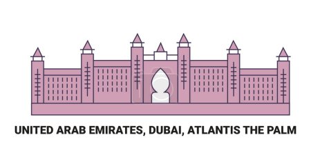 Téléchargez les illustrations : Émirats arabes unis, Dubaï, Atlantis The Palm, illustration vectorielle de ligne de repère de voyage - en licence libre de droit