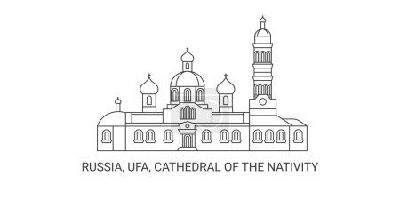 Téléchargez les illustrations : Russie, Oufa, Cathédrale de la Nativité, illustration vectorielle de ligne de voyage - en licence libre de droit