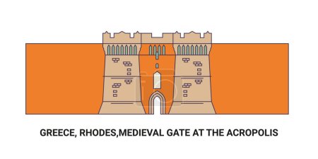Ilustración de Grecia, Rodas, Puerta medieval en la Acrópolis, ilustración del vector de línea de referencia de viaje - Imagen libre de derechos