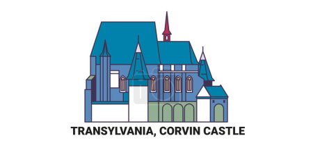 Téléchargez les illustrations : Roumanie, Transylvanie, Château de Corvin, illustration vectorielle de ligne de repère de voyage - en licence libre de droit