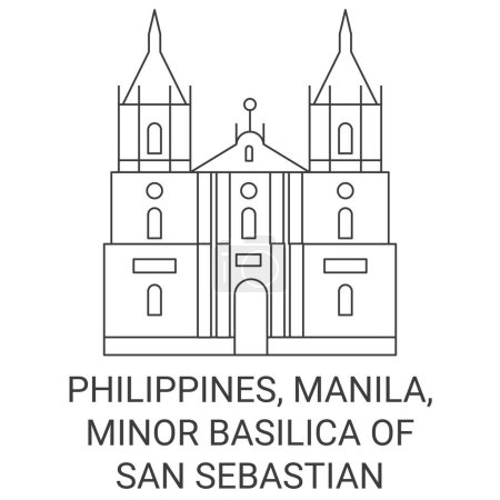 Téléchargez les illustrations : Philippines, Manille, Basilique mineure de Saint-Sébastien illustration vectorielle de ligne de voyage - en licence libre de droit