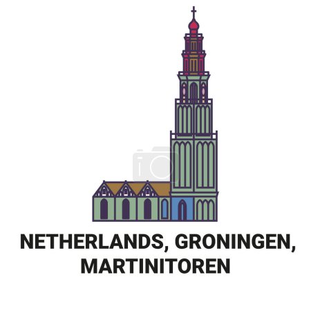 Illustration for Netherlands, Groningen, Martinitoren travel landmark line vector illustration - Royalty Free Image