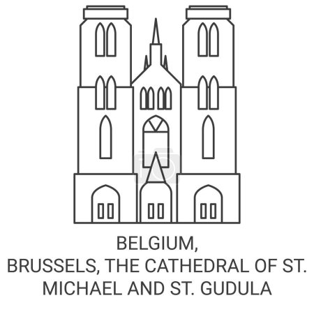 Téléchargez les illustrations : Belgique, Bruxelles, La Cathédrale de Saint-Michel-et-Sainte-Gudula illustration vectorielle de ligne de voyage - en licence libre de droit