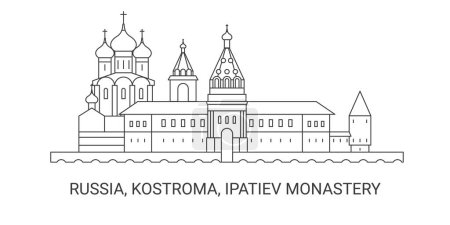 Téléchargez les illustrations : Russie, Kostroma, Monastère d'Ipatiev, illustration vectorielle de ligne de repère de voyage - en licence libre de droit