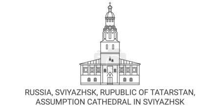 Téléchargez les illustrations : Russie, Sviyazhsk, Rupublique du Tatarstan, Cathédrale de l'Assomption à Sviyazhsk illustration vectorielle de ligne de repère de voyage - en licence libre de droit