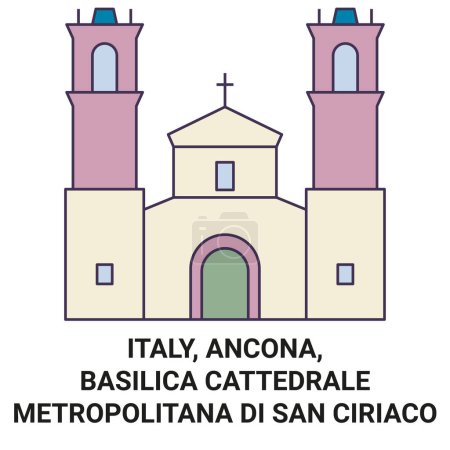 Ilustración de Italia, Ancona, Basílica Cattedrale Metropolitana Di San Ciriaco recorrido hito línea vector ilustración - Imagen libre de derechos