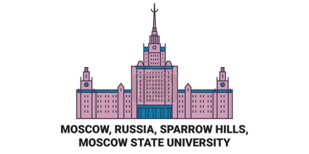 Téléchargez les illustrations : Russie, Moscou, Sparrow Hills, Moscou State University Voyage illustration vectorielle de ligne historique - en licence libre de droit