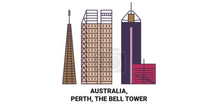 Téléchargez les illustrations : Australie, Perth, Le Bell Tower Voyage illustration vectorielle de ligne historique - en licence libre de droit