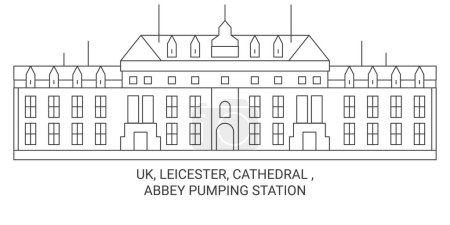 Téléchargez les illustrations : Royaume-Uni, Leicester, Cathédrale, Abbey Pumping Station illustration vectorielle de ligne de voyage - en licence libre de droit
