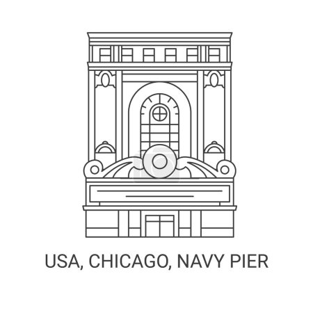 Ilustración de EE.UU., Chicago, Navy Pier, ilustración de vector de línea hito de viaje - Imagen libre de derechos