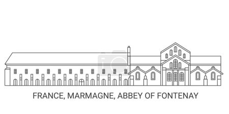 Téléchargez les illustrations : France, Marmagne, Abbaye de Fontenay, illustration vectorielle de ligne de repère de voyage - en licence libre de droit