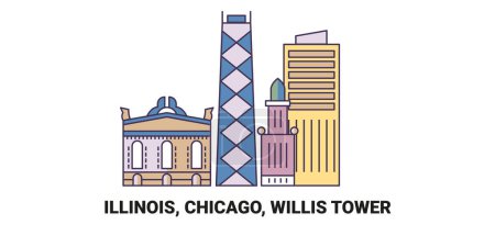Téléchargez les illustrations : États-Unis, Illinois, Chicago, Willis Tower, illustration vectorielle de ligne de repère de voyage - en licence libre de droit