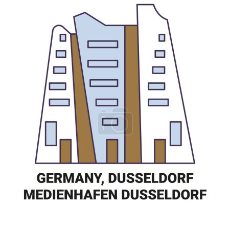 Téléchargez les illustrations : Allemagne, Düsseldorf, Medienhafen Illustration vectorielle de ligne historique de voyage de Dsseldorf - en licence libre de droit