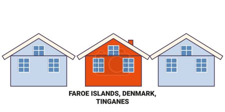 Téléchargez les illustrations : Danemark, Îles Féroé, Tinganes illustration vectorielle de ligne de voyage - en licence libre de droit