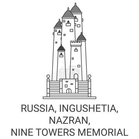 Illustration for Russia, Ingushetia, Nazran, Nine Towers Memorial travel landmark line vector illustration - Royalty Free Image
