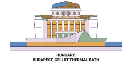 Téléchargez les illustrations : Hongrie, Budapest, Gellrt Thermal Bath illustration vectorielle de ligne de voyage - en licence libre de droit