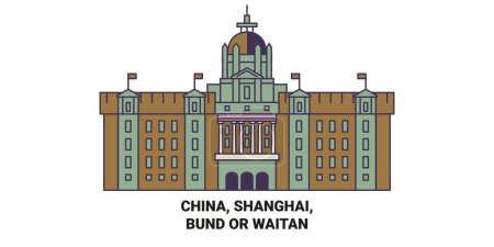 China, Shanghái, Bund o Waitan recorrido hito línea vector ilustración
