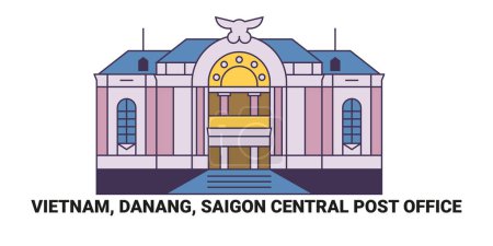 Téléchargez les illustrations : Vietnam, Danang, Saigon Central Post Office, illustration vectorielle de ligne de repère de voyage - en licence libre de droit
