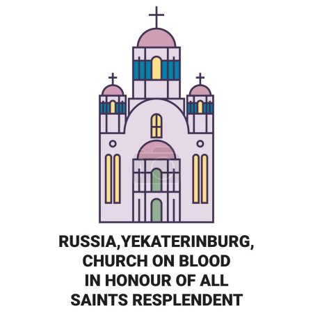 Téléchargez les illustrations : Russie, Ekaterinbourg, Eglise sur le sang en l'honneur de tous les saints Illustration vectorielle de ligne emblématique de voyage resplendissante - en licence libre de droit