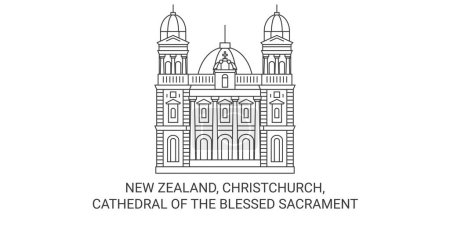 Ilustración de Nueva Zelanda, Christchurch, Catedral del Santísimo Sacramento viaje hito línea vector ilustración - Imagen libre de derechos