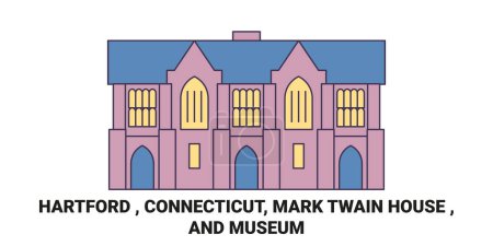 Illustration for United States, Hartford , Connecticut, Mark Twain House , And Museum travel landmark line vector illustration - Royalty Free Image