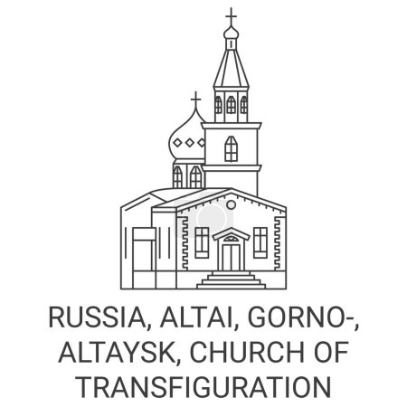 Téléchargez les illustrations : Russie, Altaï, Gorno, Altaysk, Eglise de la Transfiguration Voyage illustration vectorielle ligne historique - en licence libre de droit