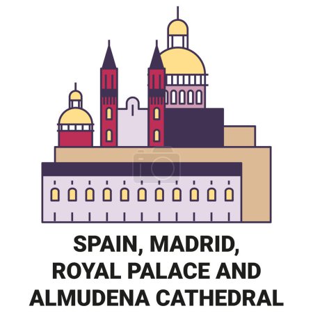 Illustration for Spain, Madrid, Royal Palace And Almudena Cathedral travel landmark line vector illustration - Royalty Free Image