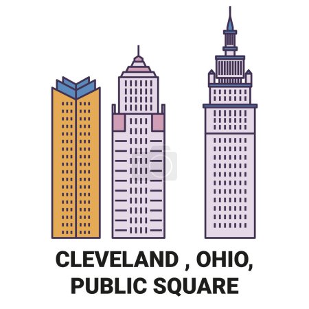 Téléchargez les illustrations : États-Unis, Cleveland, Ohio, Public Square illustration vectorielle de ligne de voyage - en licence libre de droit