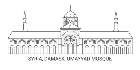 Téléchargez les illustrations : Syrie, Damas, Mosquée omeyyade, illustration vectorielle de ligne de repère de voyage - en licence libre de droit