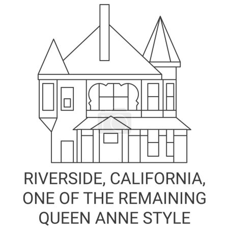 Ilustración de Estados Unidos, Riverside, California, uno de los restantes Queen Anne estilo de viaje hito línea vector ilustración - Imagen libre de derechos